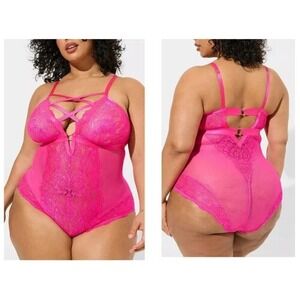 Torrid 0 Hot Pink Floral Lace Strappy Bodysuit Lingerie, Sexy,‎ Size 12 L